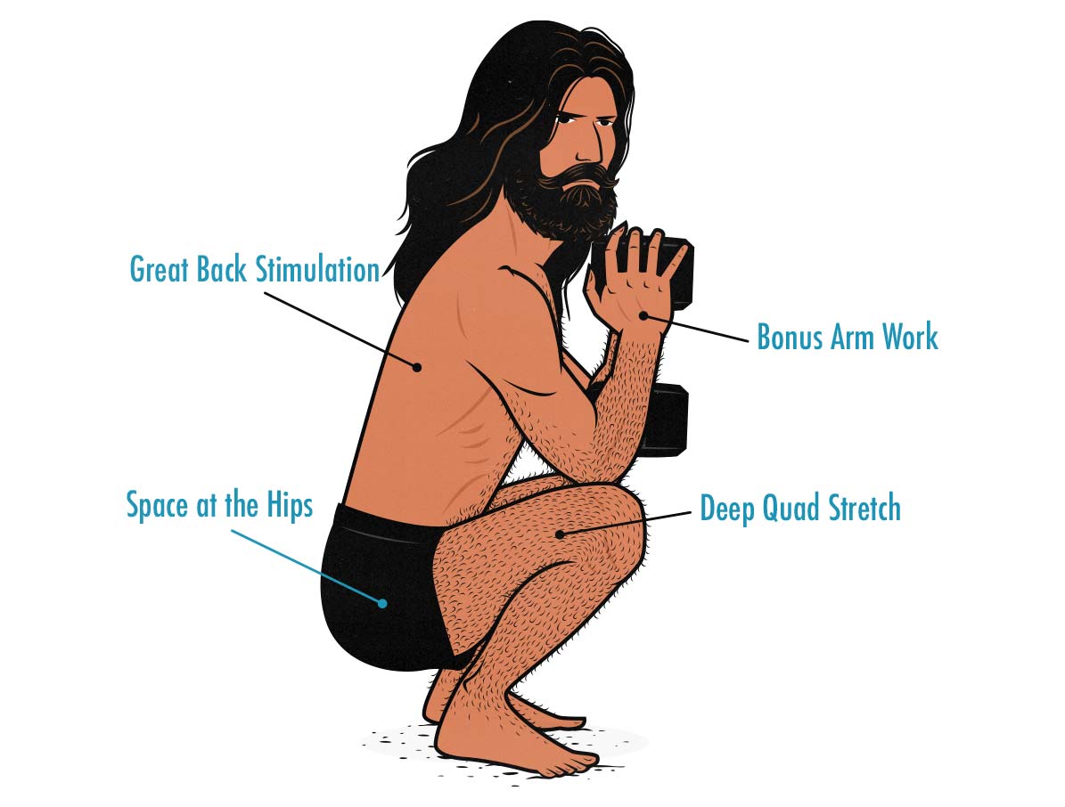 Illustration showing a skinny man doing the goblet squat exercise to to build muscle.