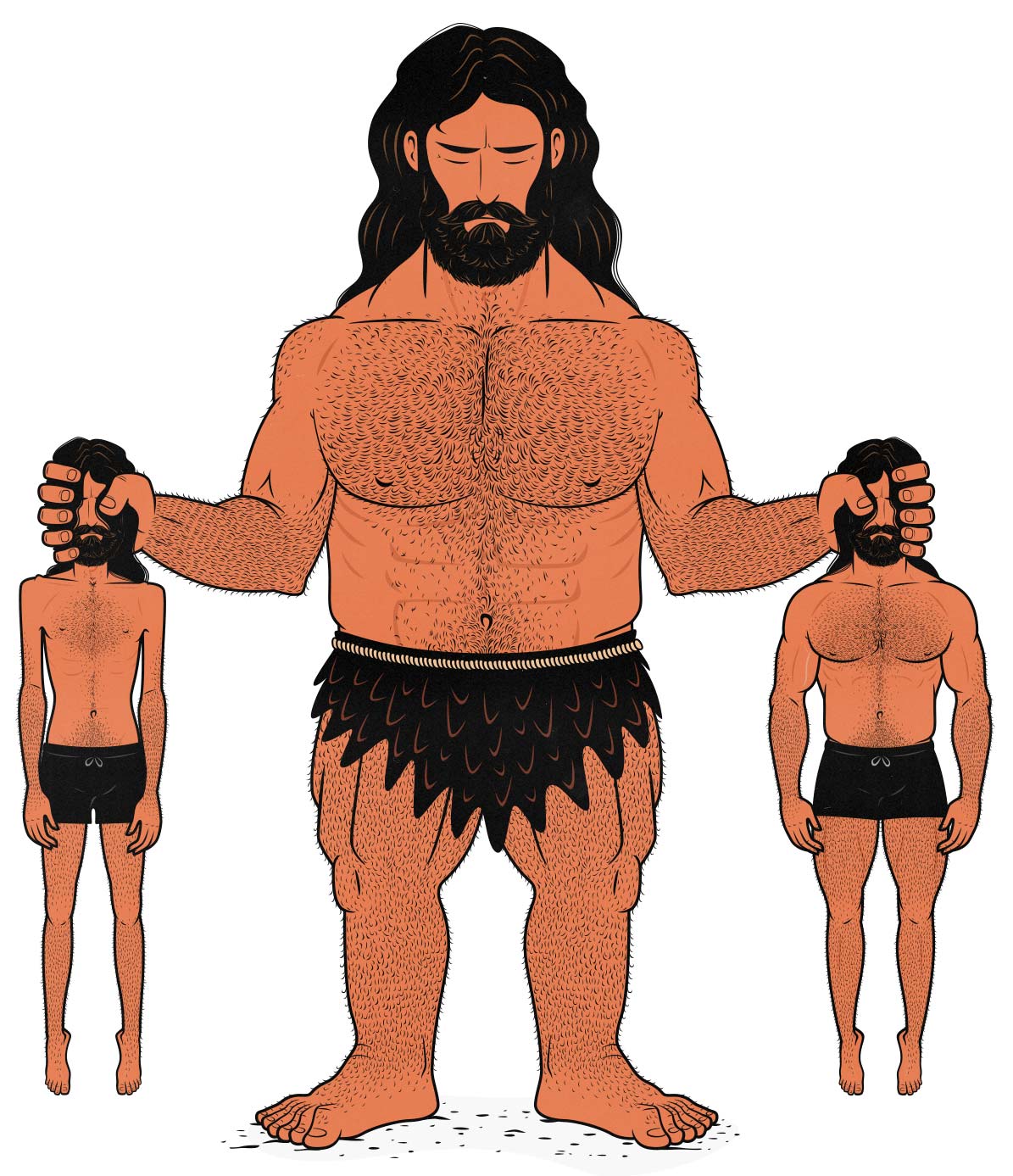 Illustration showing a skinny guy bulking up and becoming muscular, assisted by the giant Bamba.