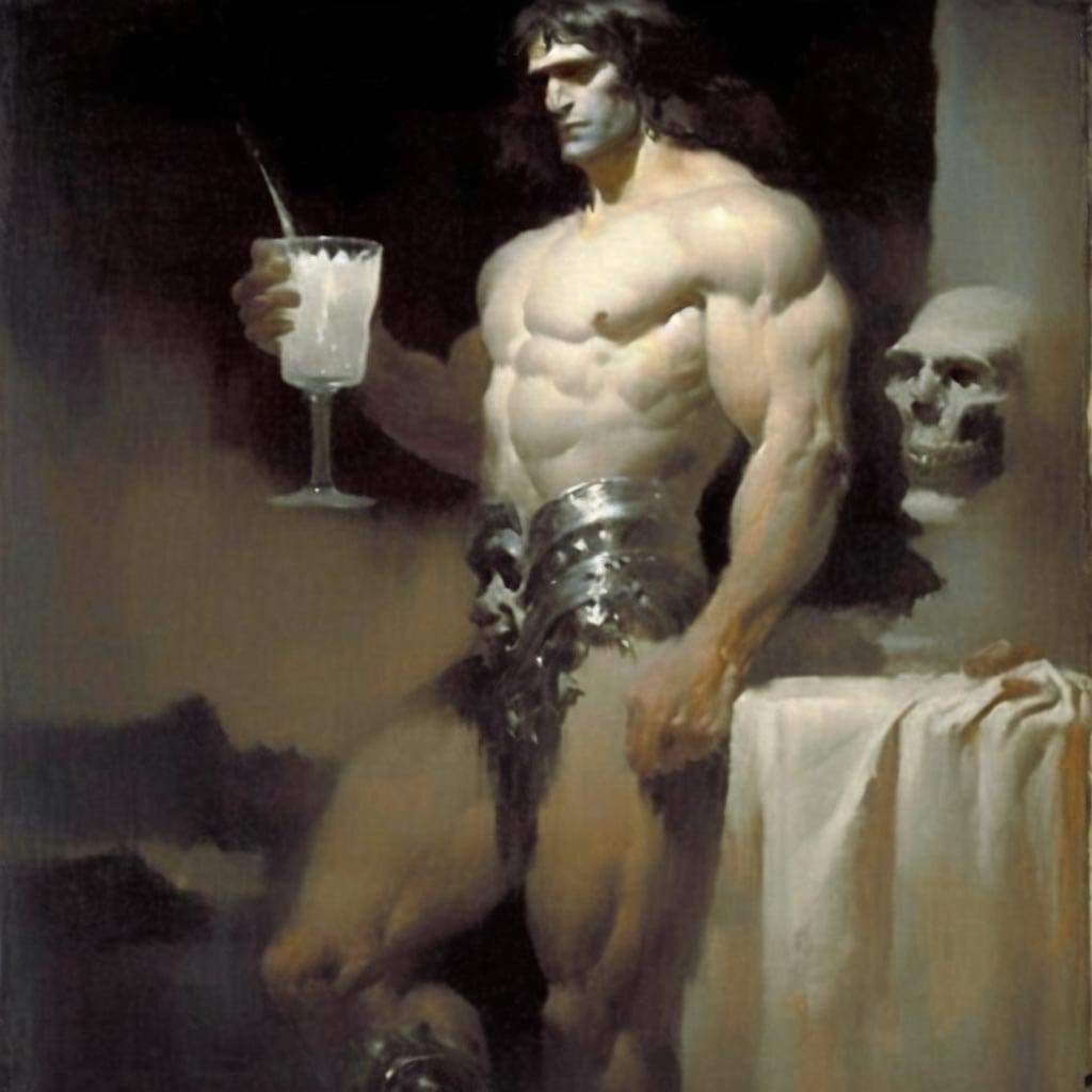 Painting of a muscular barbarian drinking a high-calorie bulking smoothie made from milk and oats.