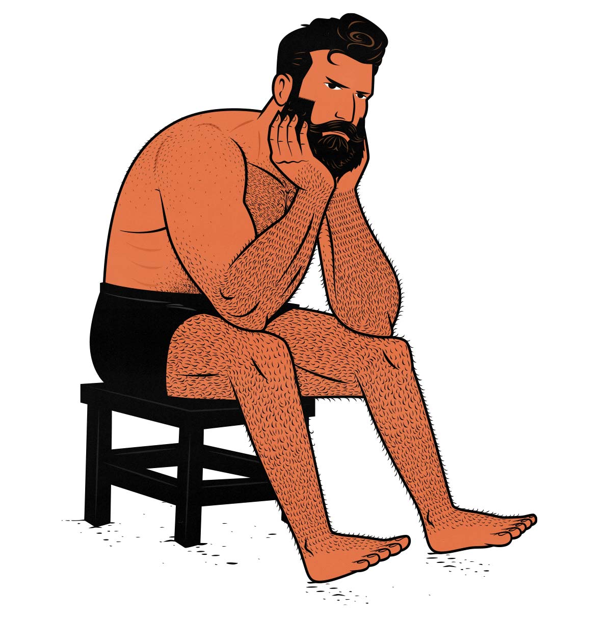 A confused, sad weight lifter, pondering his life. Illustrated by Shane Duquette.