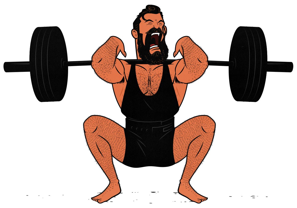 Illustration of a man doing front squats to build bigger leg muscles.