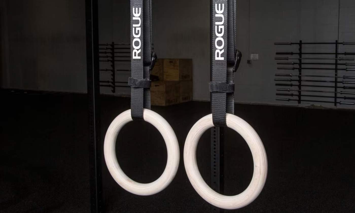 Gymnastic rings for doing pull-ups at home.