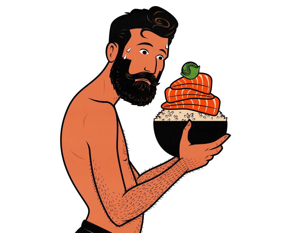 Illustration of a thin hardgainer holding a giant bowl of food, struggling to eat in a calorie surplus.