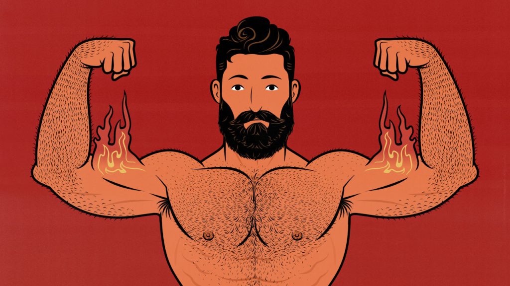 Illustration of a man flexing burning muscles.