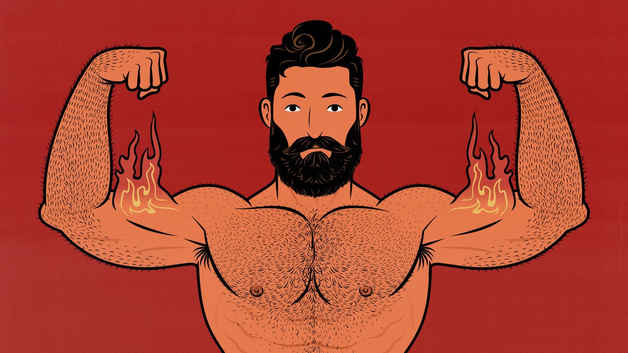 Illustration of a man flexing burning muscles.