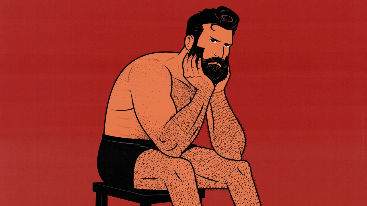 Illustration of a buff weightlifter confused at why he isn't losing weight.