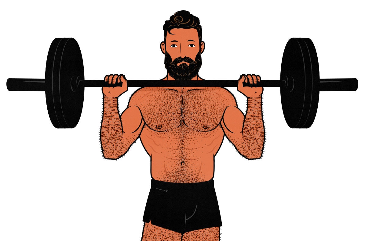 Illustration of a lifter doing the military press shoulder exercise on Push Day to build muscle.