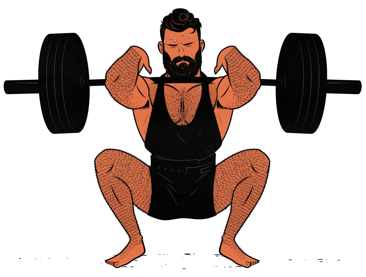 Illustration of a weight lifter doing front squats during a lower-body workout.