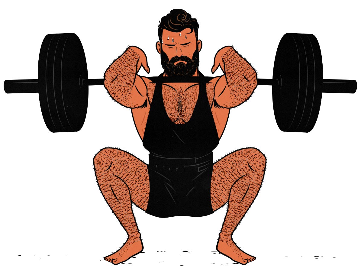 Illustration of a bodybuilder squatting in his 5-day workout split.