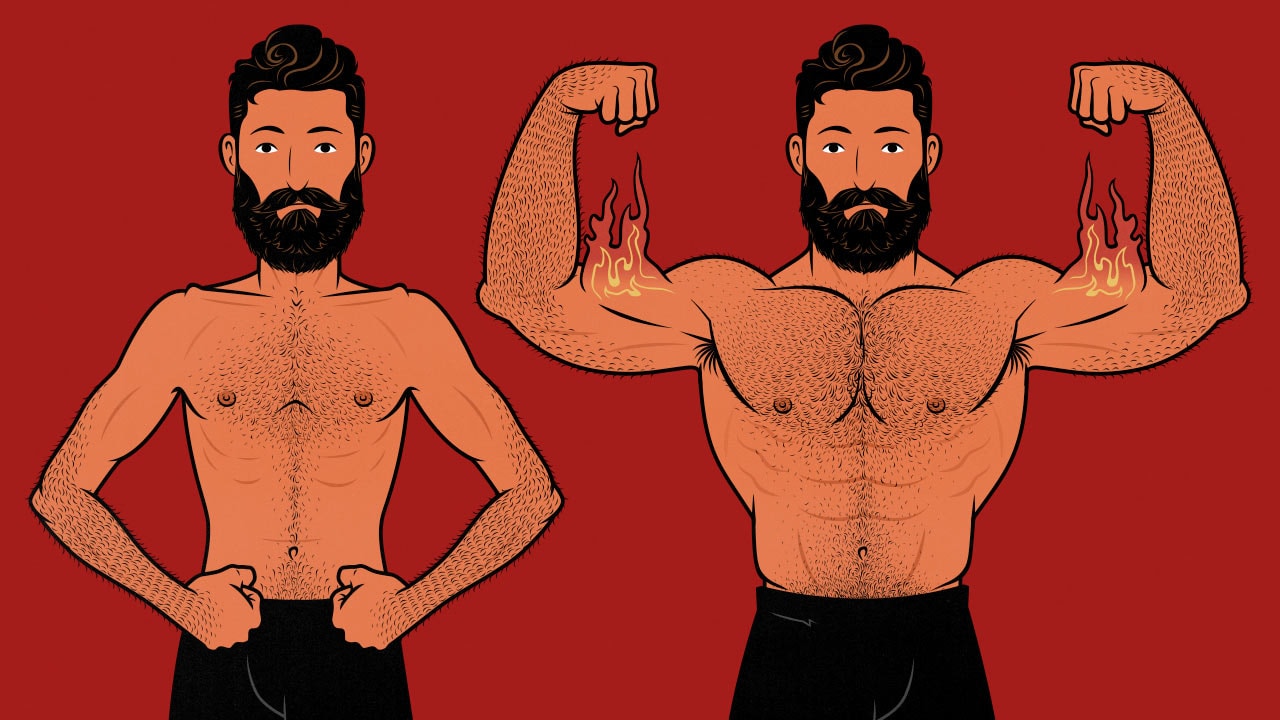 Illustration of a skinny person building muscle and bulking up.
