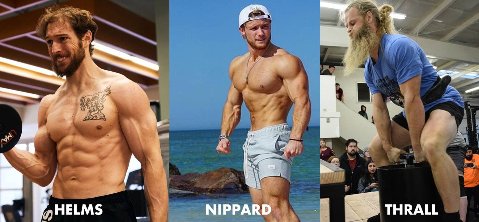 Picture showing the physiques of Eric Helms, Jeff Nippard, and Alan Thrall.