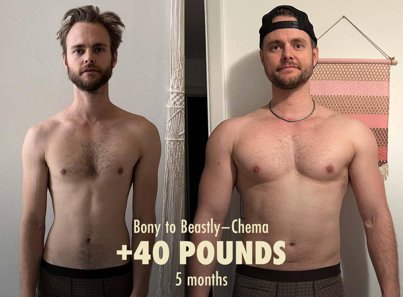 A before-and-after photo showing the results of a skinny guy bulking up and building muscle with the Macrofactor calorie tracking app.