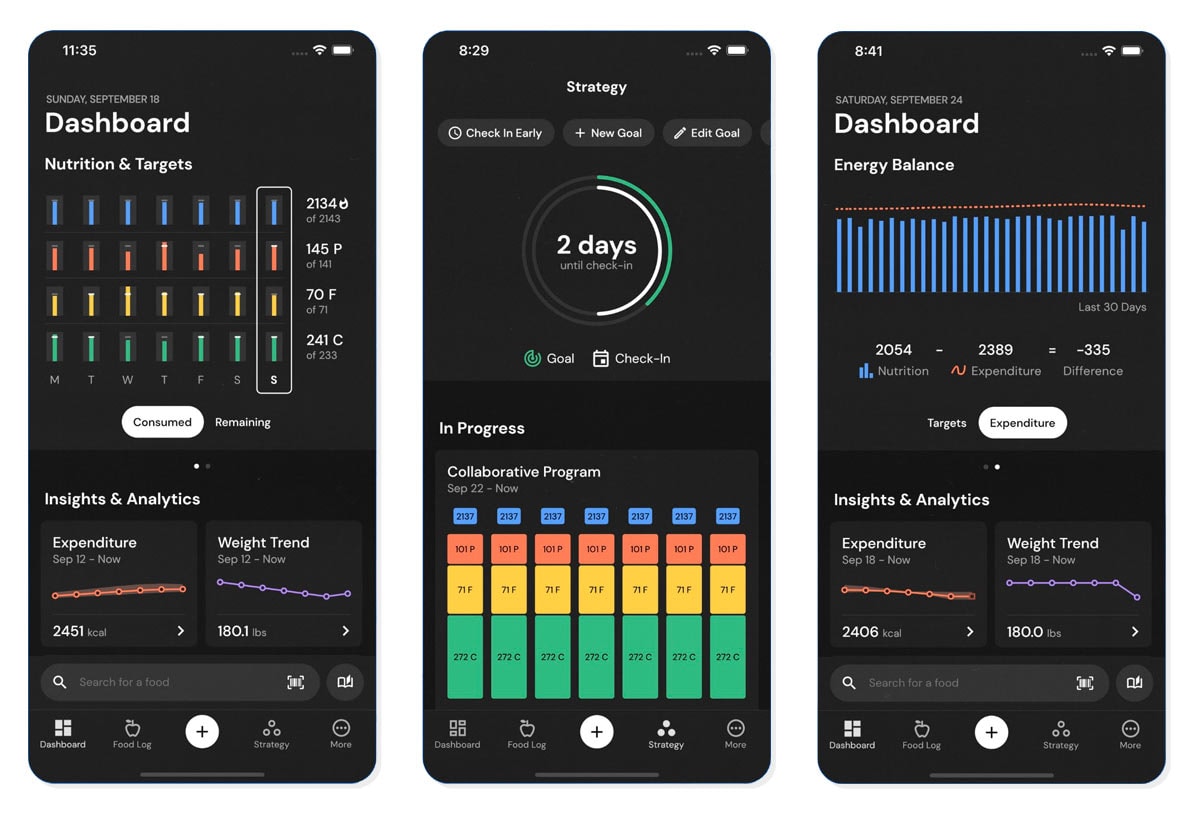 Screenshots of the MacroFactor calorie-tracking app.