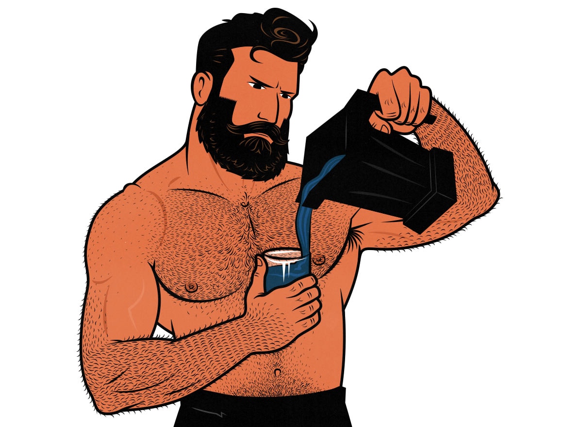 Illustration of a muscular weight lifter drinking a bulking smoothie to build muscle and lose fat.