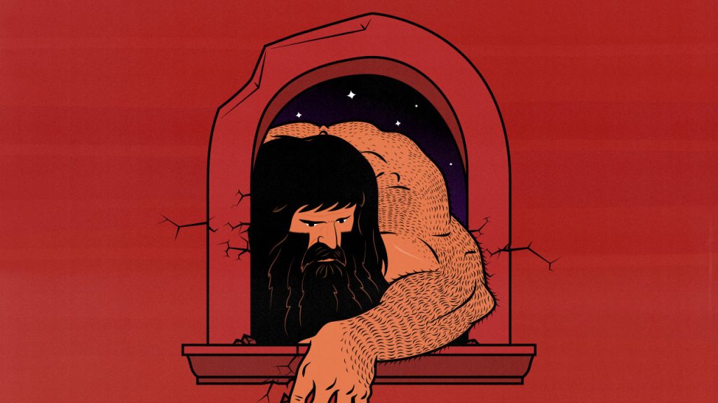 Illustration of a muscular bodybuilder climbing through the mythical anabolic window.