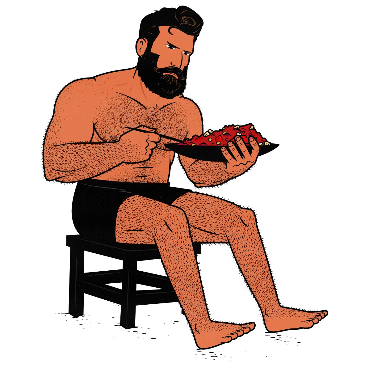 Illustration of man eating a filling post-workout meal to burn fat and build muscle.