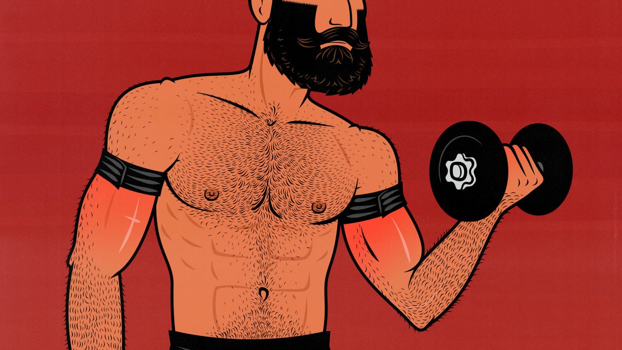 Illustration of a man doing Blood Flow Restriction training (BFR) to build bigger biceps.