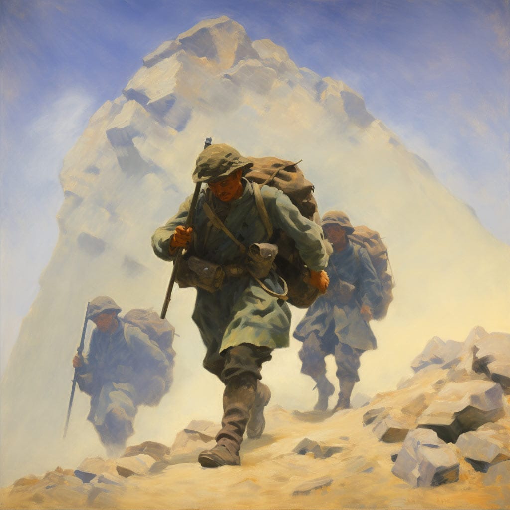 Painting showing the ancient military history of rucking.