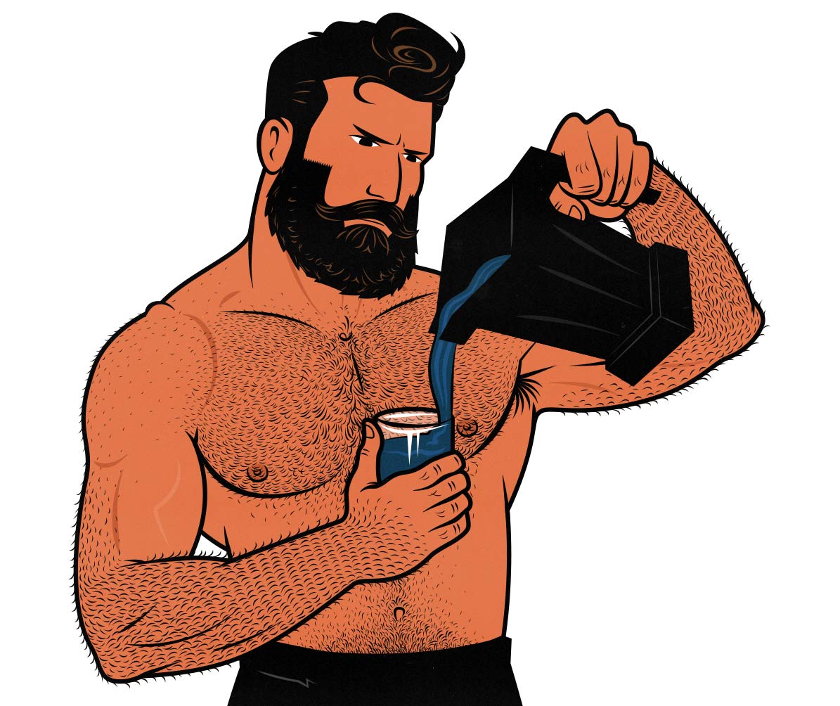 Illustration of a man drinking a post-workout shake/smoothie to build muscle and bulk up.