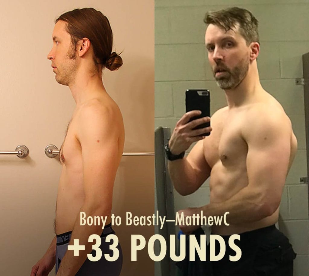 Before and after photo of a man building bigger muscles and bulking up.