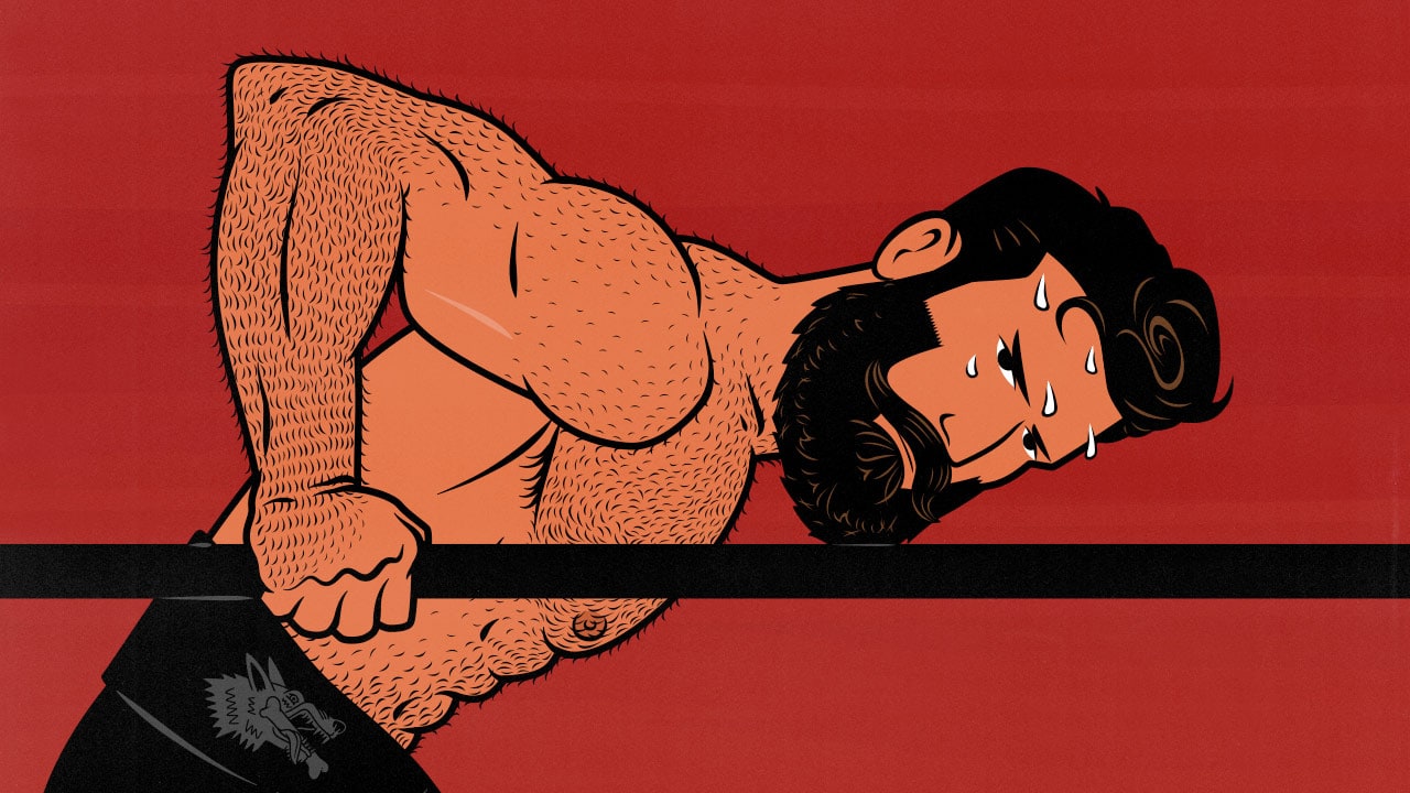 Illustration of a bodybuilder doing dips to build bigger chest muscles.