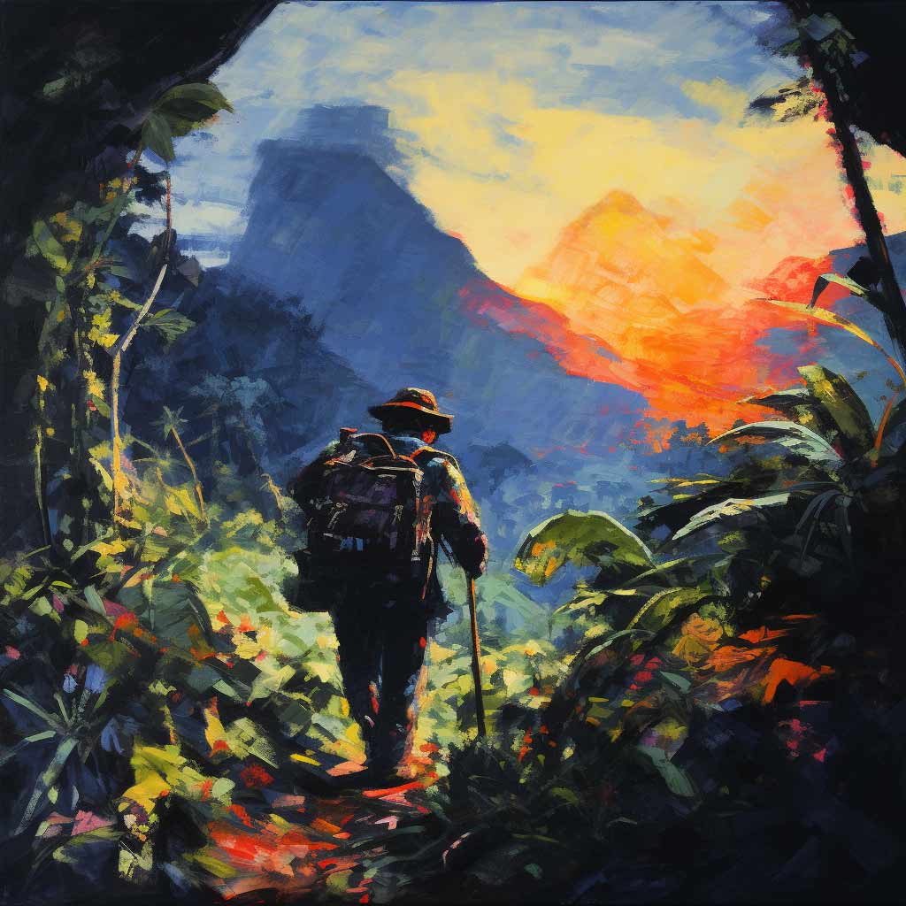 Painting of a man going rucking in the wilderness.