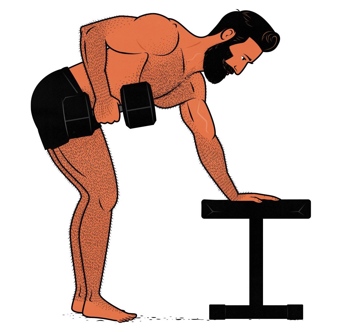Illustration of a weight lifter doing dumbbell rows to bulk up his back muscles.