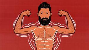 Illustration of a skinny guy using an upper-body workout routine to build bigger muscles.