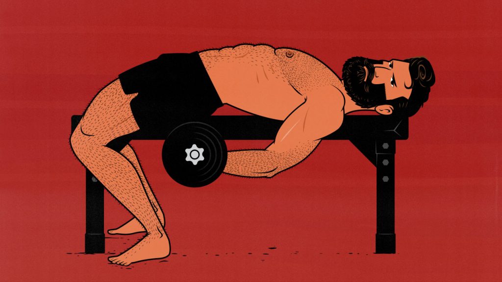 Illustration of a bodybuilder doing lying dumbbell biceps curls.