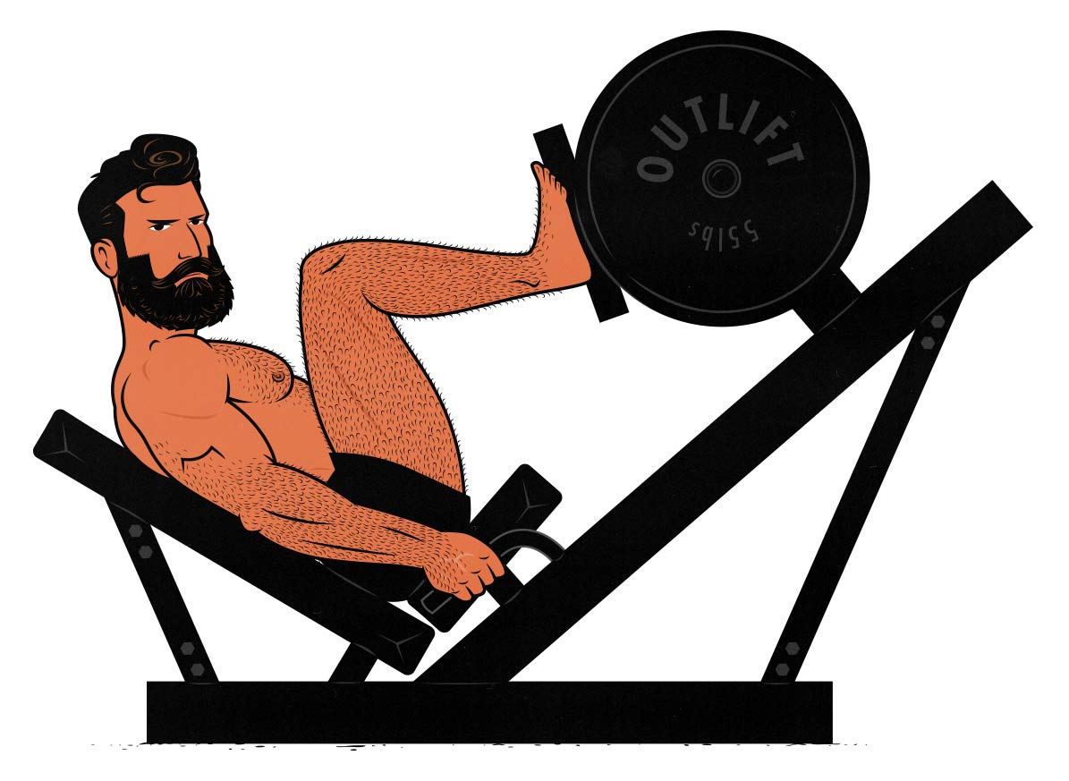Illustration of a bodybuilder doing the leg press exercise.