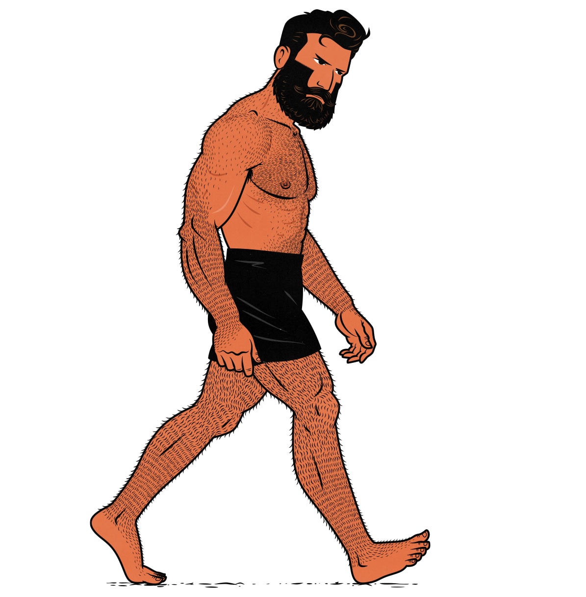 Illustration of a man going on a walk, wondering how many calories he's burning with every kilometre, mile, hour, and step.
