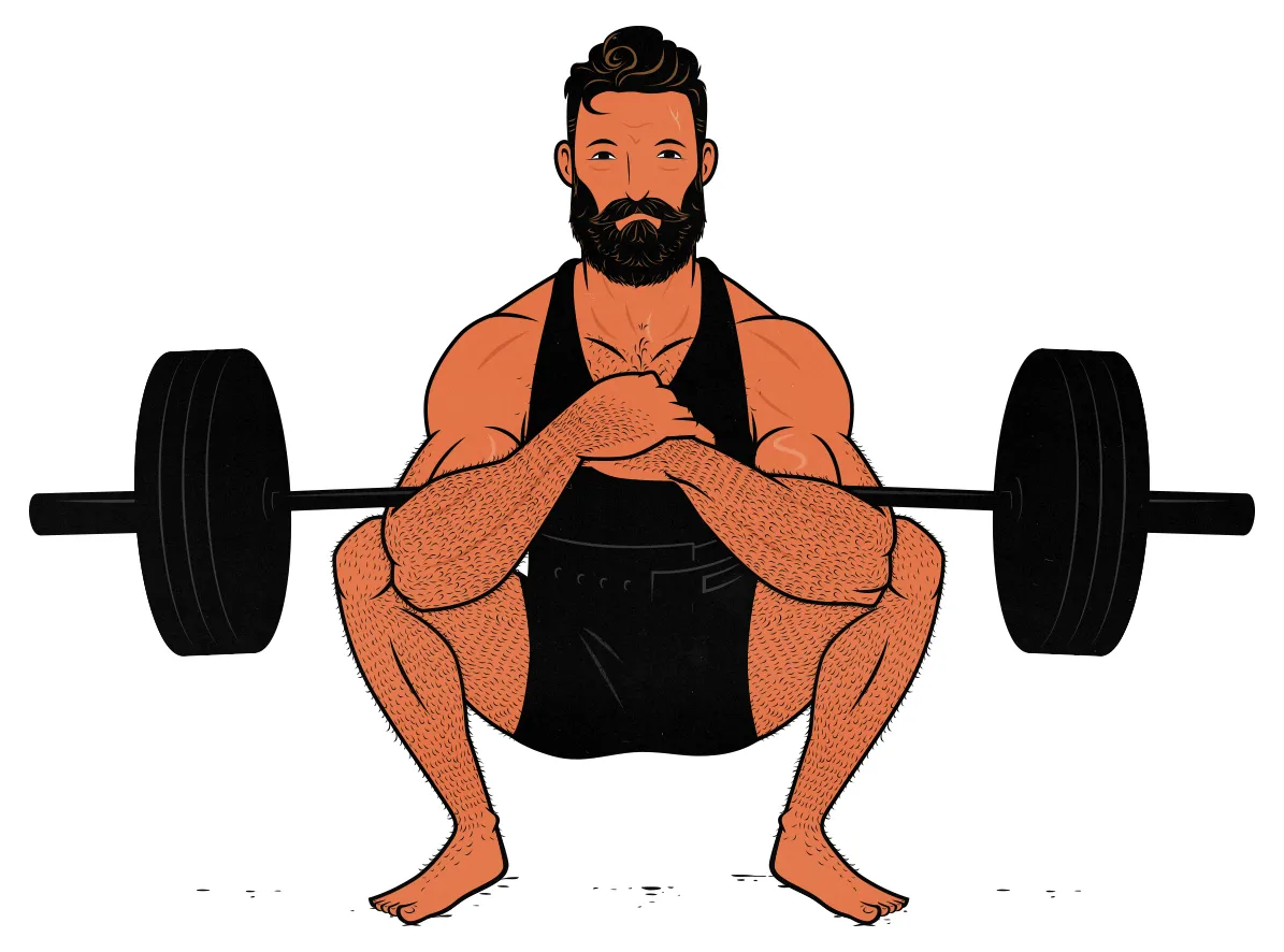 Illustration of a man doing the Zercher squat exercise.
