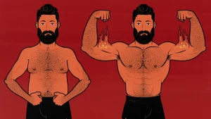 Illustration of a man recomping—burning fat while building muscle.