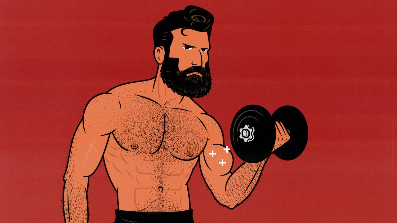 Illustration of a man doing a dumbbell biceps curl workout to build bigger arms.