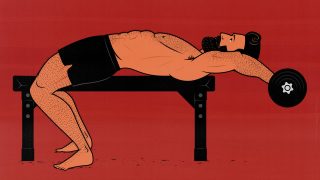Illustration of a man doing a dumbbell pullover workout to build bigger back muscles.