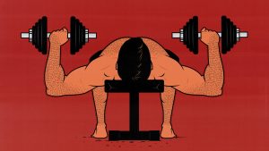 Illustration of a man doing the dumbbell bench press exercise during his chest workout.