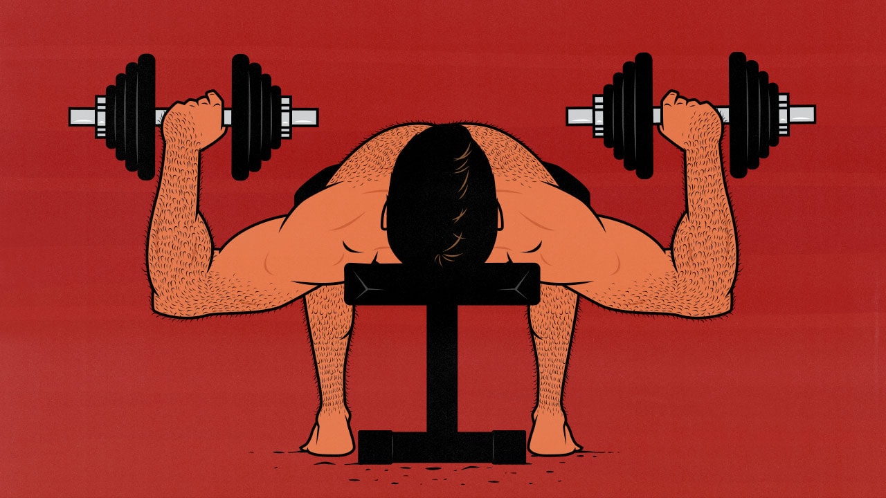 Illustration of a man doing the dumbbell bench press exercise during his chest workout.