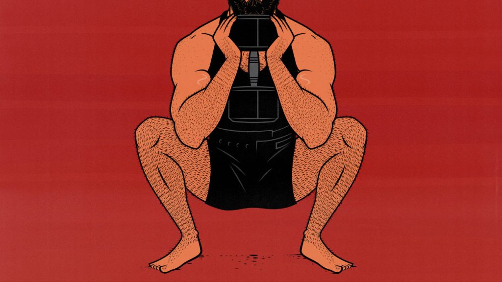 Illustration of a bodybuilder doing dumbbell goblet squats as part of his leg workout.