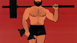 Illustration of a muscular man doing a one-armed dumbbell farmer carry while also carrying a barbell.