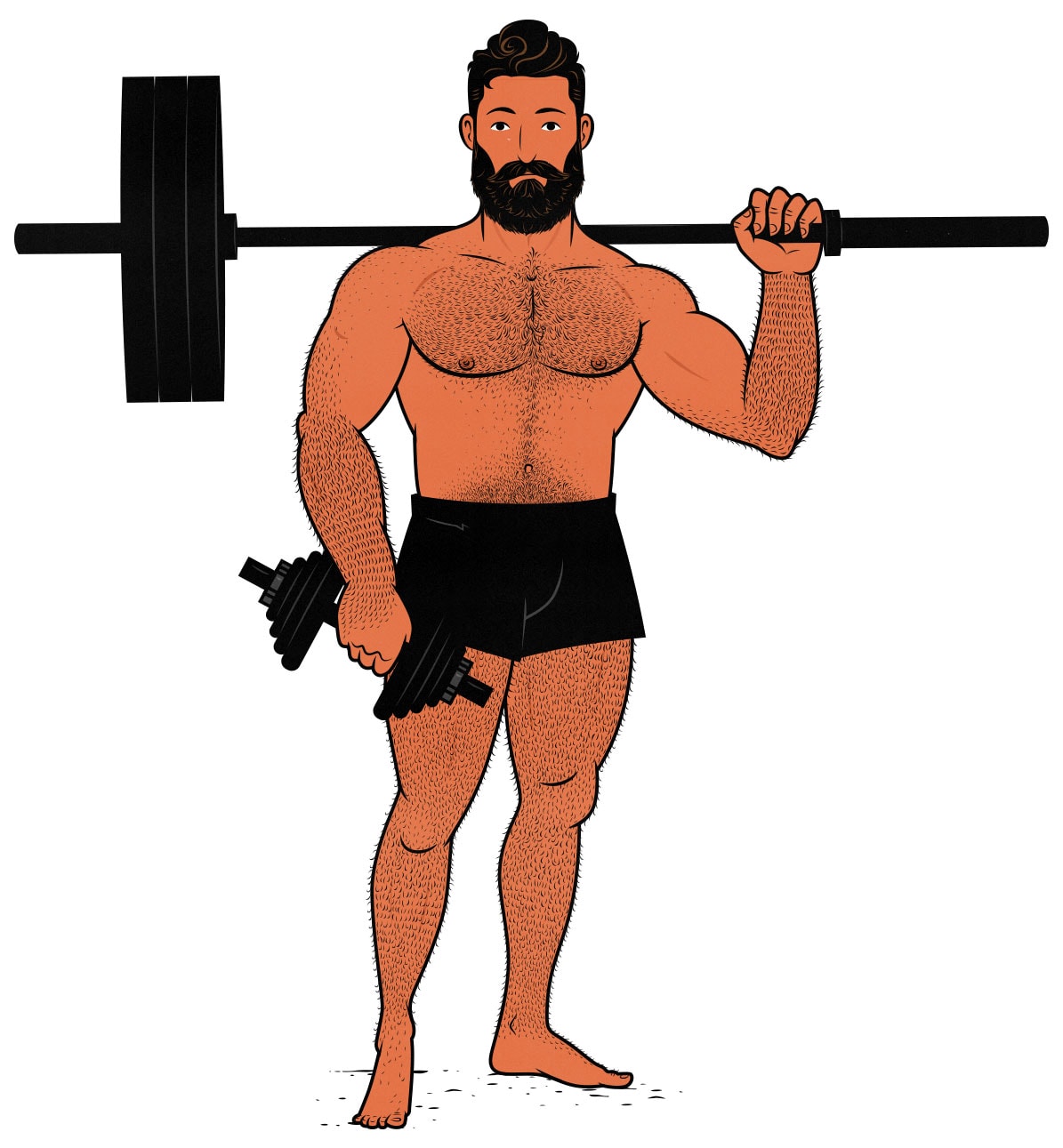 Illustration of a muscular man doing the farmer carry exercise to work his traps and grip.