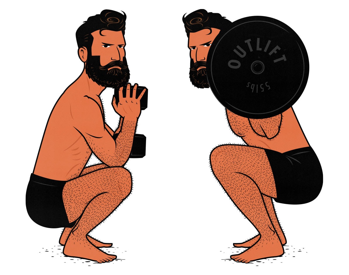 Illustration of two weight lifters setting squat depth PRs in the gym.