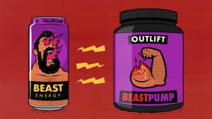 Illustration of an Outlift energy drink and pre-workout supplement.