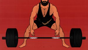 Illustration of a man doing a conventional barbell deadlift.