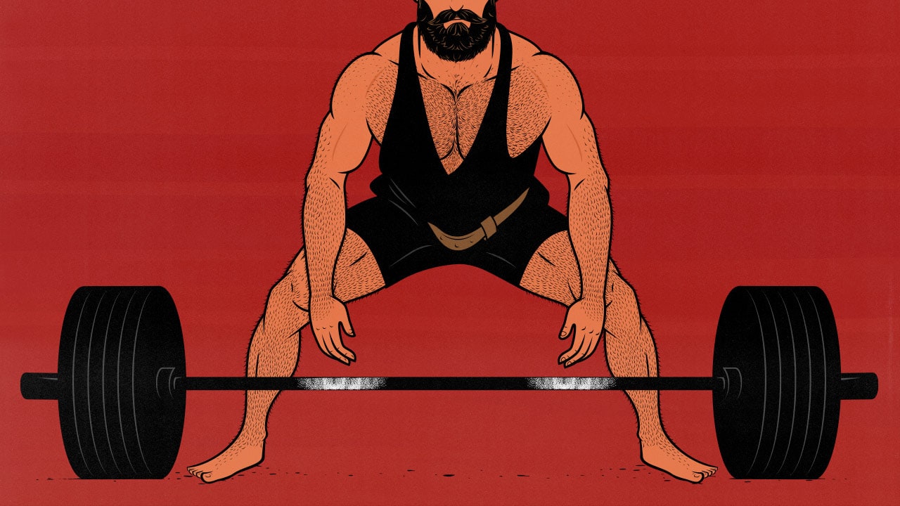 Illustration of a man doing a conventional barbell deadlift.