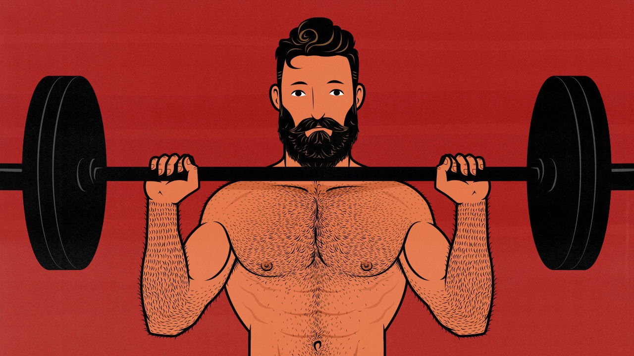 Illustration of a natural lifter overhead pressing 225 pounds.