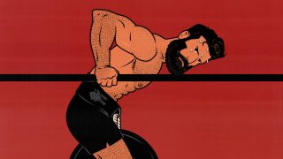 Illustration of a shirtless man doing dips to build a bigger chest.