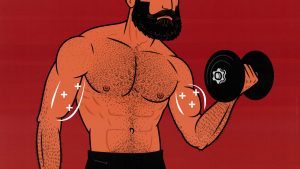 Illustration of a muscular shirtless bodybuilder man doing a biceps workout.