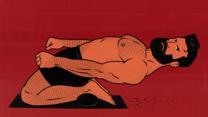 Illustration of a bodybuilder doing reverse Nordic curls, a leg extension alternative, at home with his bodyweight.