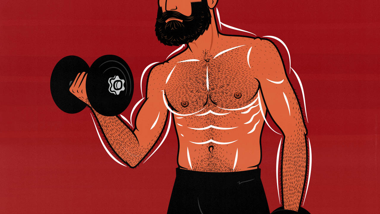 Illustration of a man lifting weights to build muscle as quickly as possible.