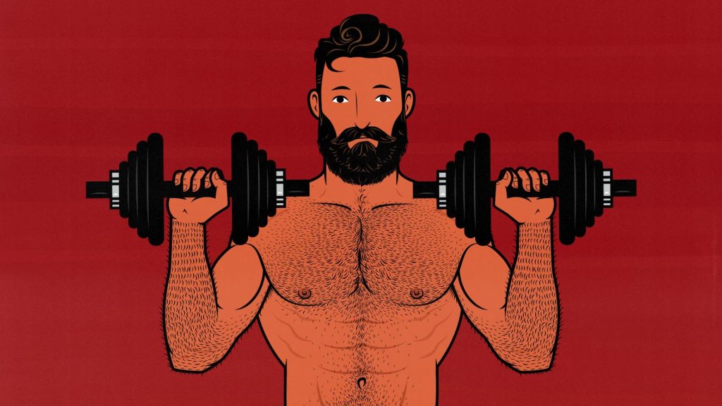 Illustration of a bodybuilder doing dumbbell exercises to build bigger muscles.